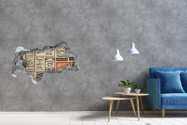 Hole in the wall decal Stylish vintage posters on the wall background