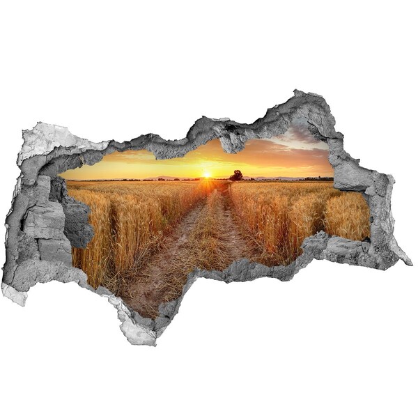 Hole wall sticker Golden sunset over a grain field
