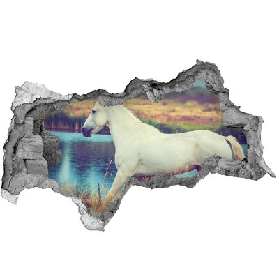 Hole wall sticker White horse by the lake