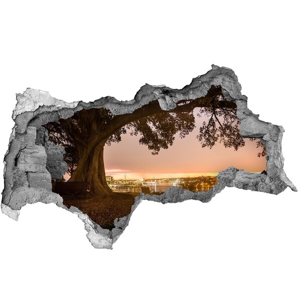 Hole wall sticker View of the city through a hole in the wall
