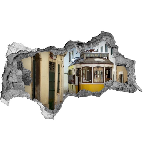 Hole wall sticker A yellow tram in a narrow street