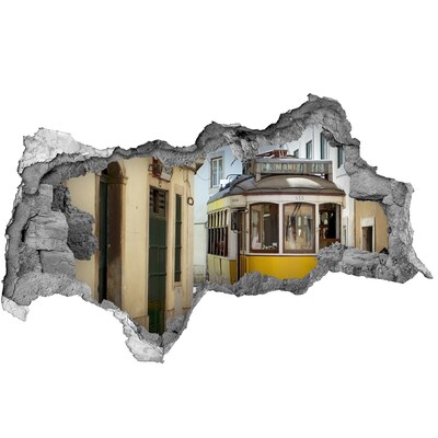 Hole wall sticker A yellow tram in a narrow street