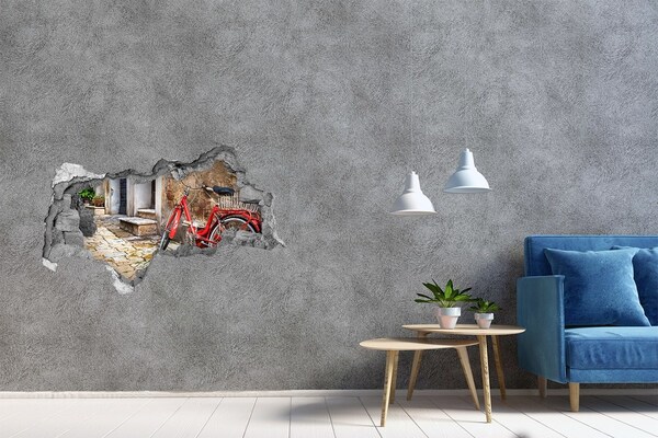 Hole in the wall sticker A red bicycle in a charming street