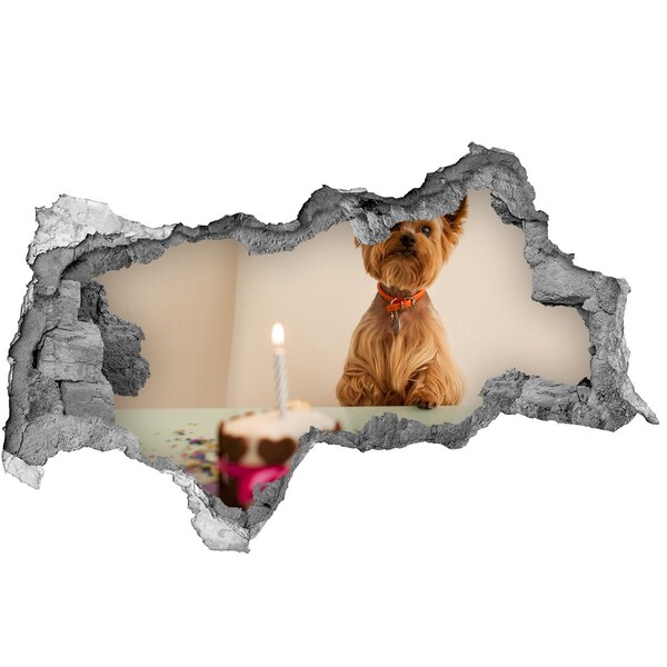 Hole wall sticker Birthday dog with cake