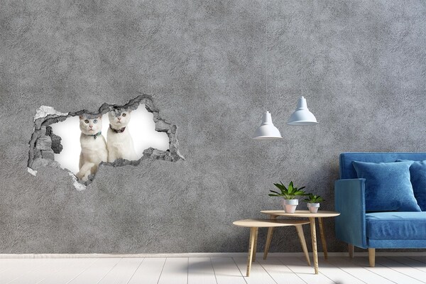 Hole wall sticker Two white cats in a hole in the wall