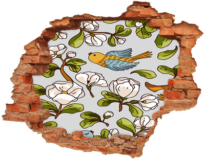 3D wall hole wallpaper Flower paradise with a bird