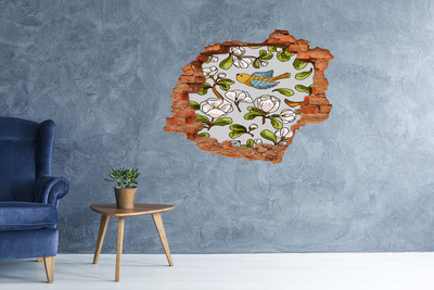 3D wall hole wallpaper Flower paradise with a bird