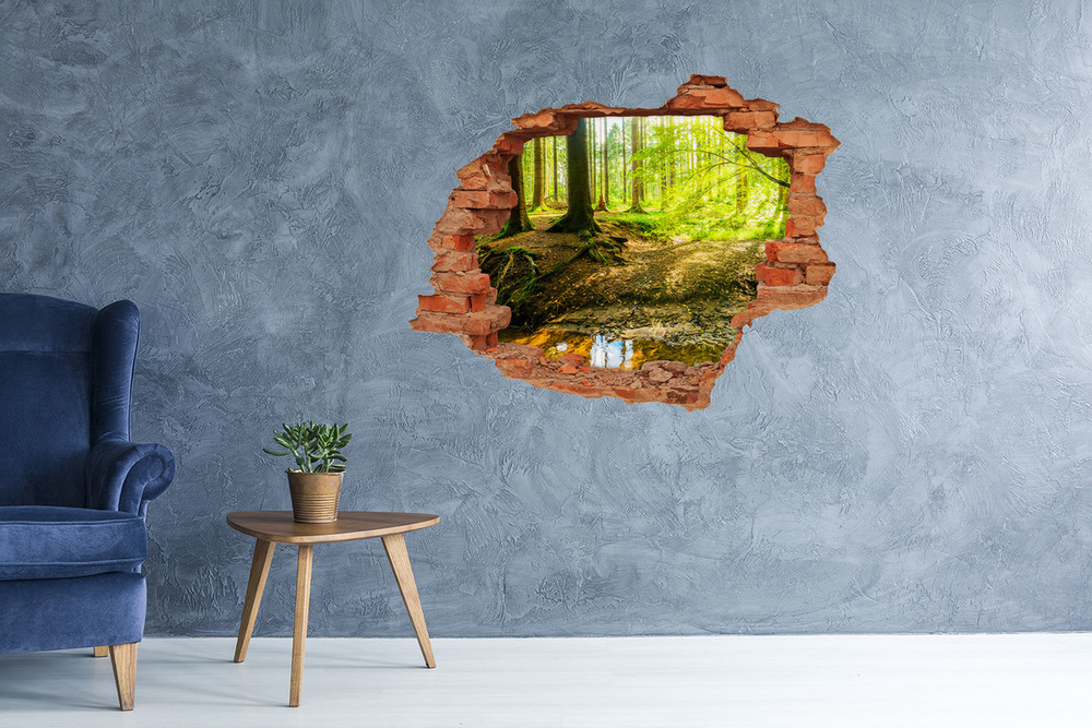 3D wall hole wallpaper Rays of the sun forest