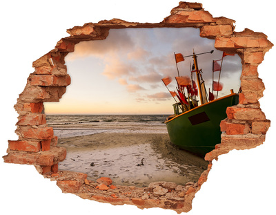 Hole wall sticker A bay with a fishing boat