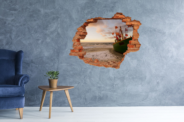 Hole wall sticker A bay with a fishing boat