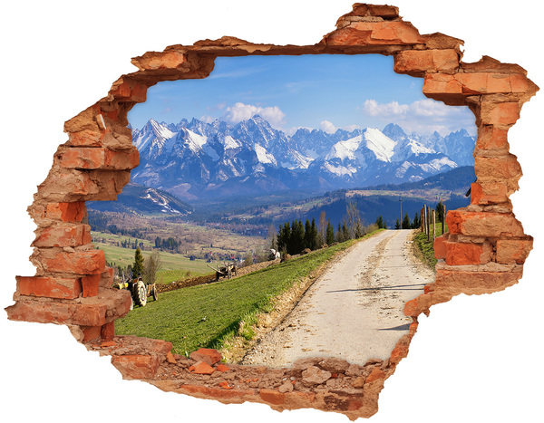 3D wall hole wallpaper Mountain landscape behind the hole in the wall