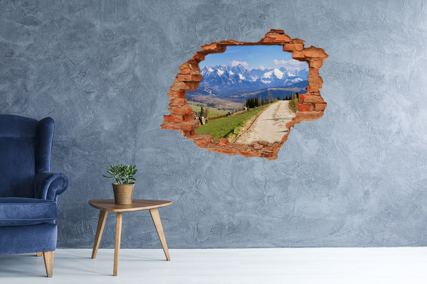 3D wall hole wallpaper Mountain landscape behind the hole in the wall