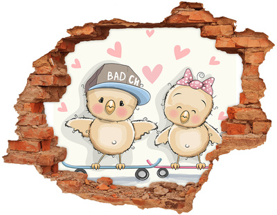 3D wall hole wallpaper Cute birds on a skateboard
