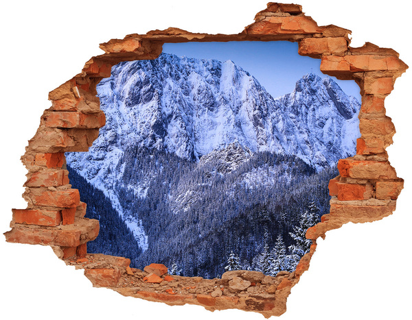 3D wall hole wallpaper Mountain landscape in winter scenery