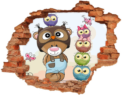 3D wall hole wallpaper Adorable teddy bear with owls