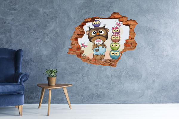 3D wall hole wallpaper Adorable teddy bear with owls