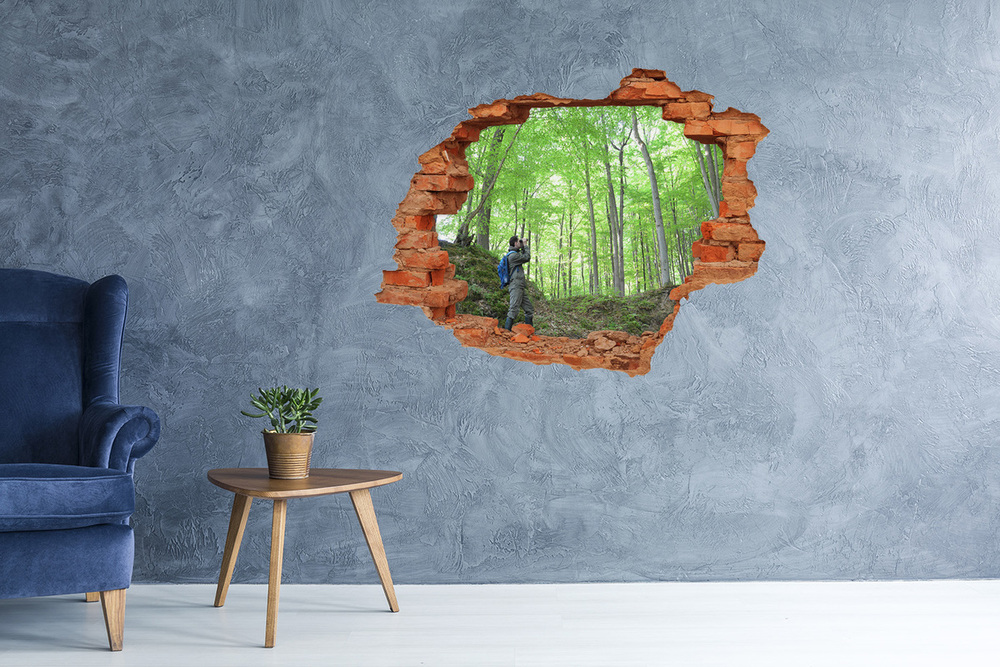 Hole wall sticker Ornithologist in the forest