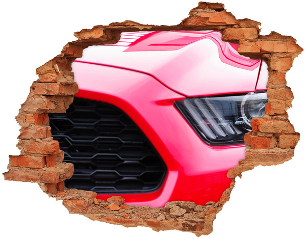 3D wall hole Red sports car through a hole in the wall