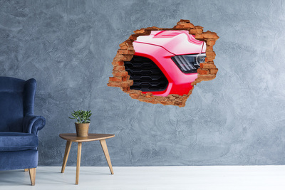 3D wall hole Red sports car through a hole in the wall