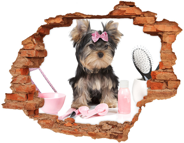 Hole wall sticker A sweet Yorkshire Terrier with a pink bow
