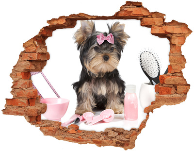 Hole wall sticker A sweet Yorkshire Terrier with a pink bow