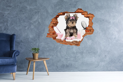 Hole wall sticker A sweet Yorkshire Terrier with a pink bow