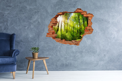 3D wall hole wallpaper Green forest with sun rays