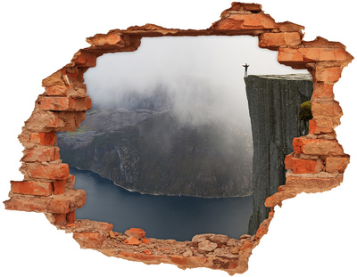 3D wall hole wallpaper View from the cliff above the fjord