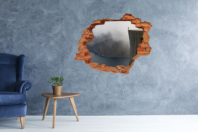 3D wall hole wallpaper View from the cliff above the fjord