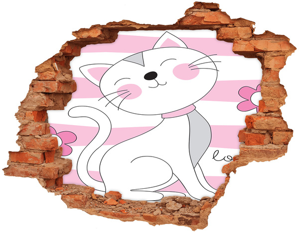 3D wall hole wallpaper White cat