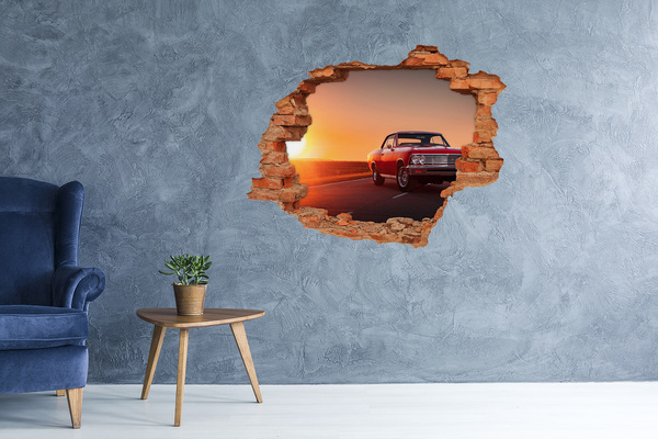 Hole wall sticker Classic car against the backdrop of a sunset