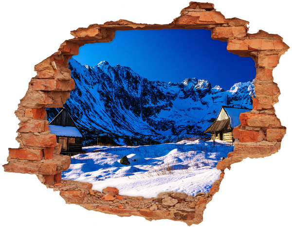 3D wall hole Winter cottage in the mountains