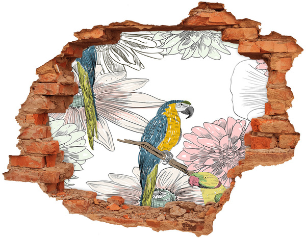 3D wall hole wallpaper Parrots and flowers