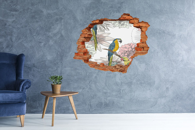 3D wall hole wallpaper Parrots and flowers