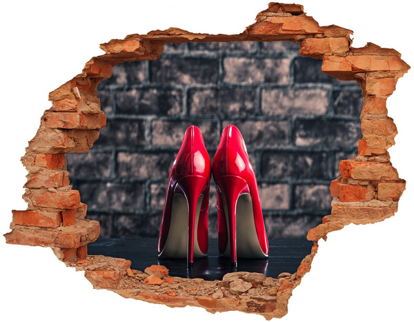 3D wall hole wallpaper Red high heels against a brick wall
