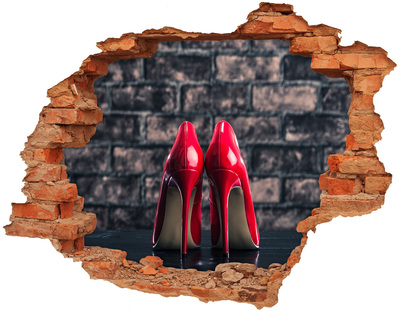 3D wall hole wallpaper Red high heels against a brick wall