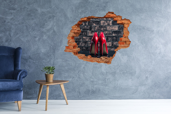 3D wall hole wallpaper Red high heels against a brick wall