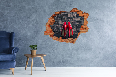 3D wall hole wallpaper Red high heels against a brick wall