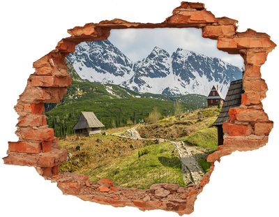 3D wall hole Mountain landscape with a village