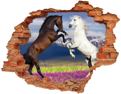 3D wall hole Fighting horses mountains