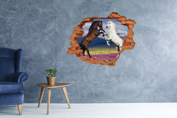 3D wall hole Fighting horses mountains