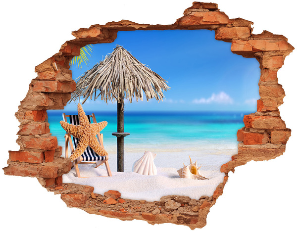 3D wall hole wallpaper Caribbean beach with shells