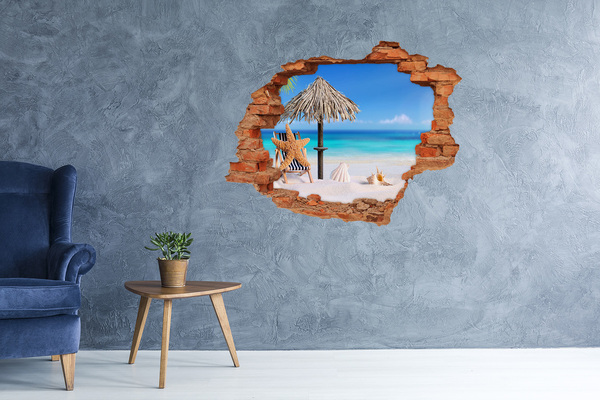 3D wall hole wallpaper Caribbean beach with shells