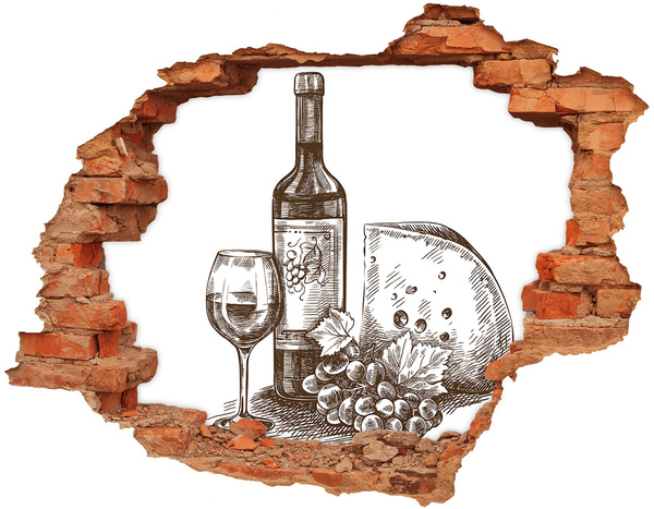 3D wall hole Wine and cheese against the backdrop of a damaged wall