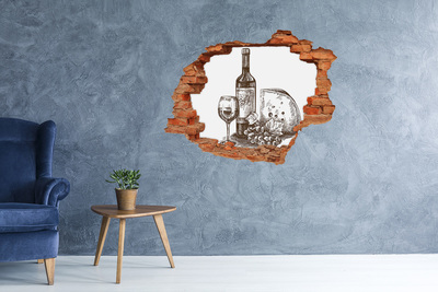 3D wall hole Wine and cheese against the backdrop of a damaged wall