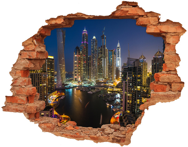 3D wall hole wallpaper View of the modern city at night