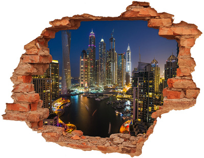 3D wall hole wallpaper View of the modern city at night