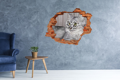 Hole in the wall sticker Cat with glasses through a hole in the wall