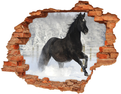 3D wall hole wallpaper A galloping horse in a winter landscape