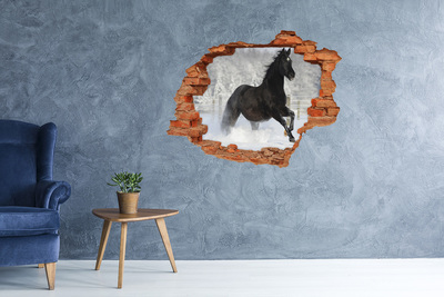 3D wall hole wallpaper A galloping horse in a winter landscape